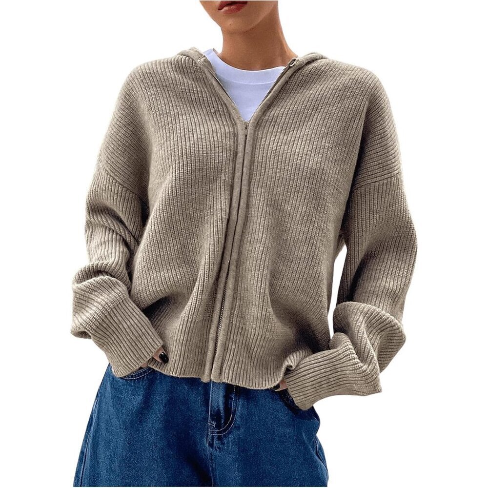 Women's Hooded Zip Up Knit Cardigan Large Fall Winter Casual Wear